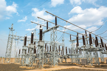 High voltage transformer modern substation electrical switchyard.