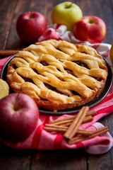 Traditional american apple pie served with fresh fruits, cinnamon sticks in a black ceramic plate....