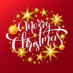 Christmas background with Shining gold Snowflakes. Lettering Merry Christmas card vector Illustration.