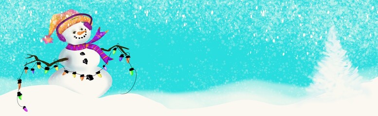 Snowman fun cute header banner scene in snowy snow and snowflake  scene, wide panorama header border background, hand drawn