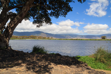 View of lake and edge of Ngorongoro Crater, Tanzania