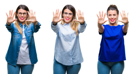 Collage of young beautiful woman wearing glasses over isolated background showing and pointing up with fingers number ten while smiling confident and happy.