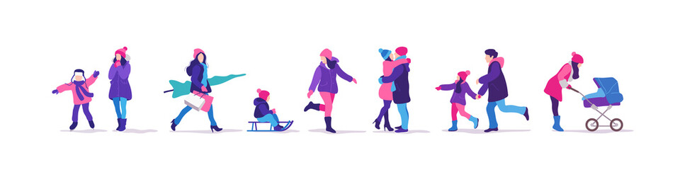 Winter time. Set of people strolling. Outdoor activities. Vector illustration.