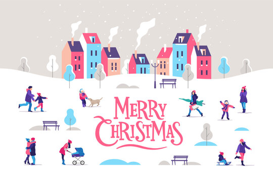 Merry Christmas greeting card. Snowy street. Urban landscape with people. Vector illustration.