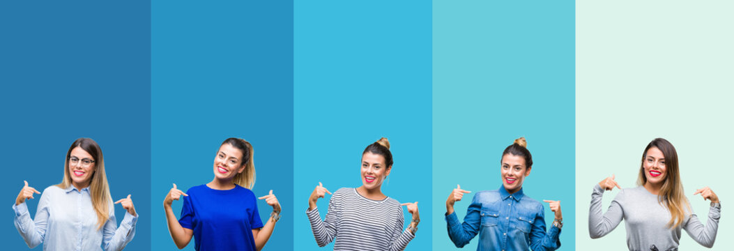 Collage of young beautiful woman over blue stripes isolated background looking confident with smile on face, pointing oneself with fingers proud and happy.
