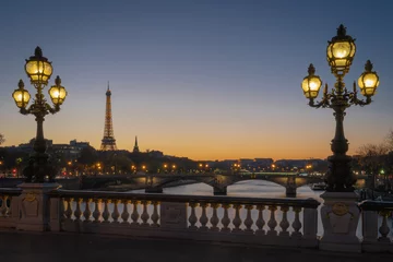 Papier Peint photo Pont Alexandre III Paris, France - 11 18 2018: panoramic view of Paris and the Eiffel Tower from the Alexander III bridge with floor lamp at sunset