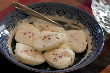 Poached eggs in Blue Willow bowel.