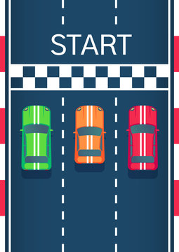 Racing sports cars on start line. Motorsport modern car. Flat style top view vector illustration.