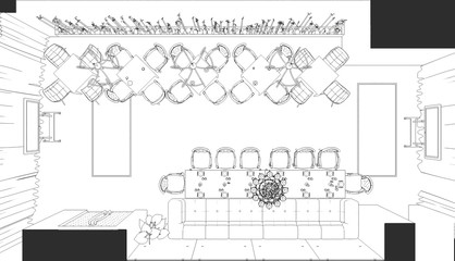 restaurant, 3D illustration, sketch, outline