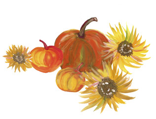 Pumpkins and sunflowers on an isolated background. Hand drawn in watercolor