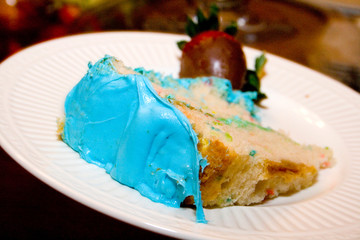 Blue frosted angel food birthday cake on white china plate with a chocolate dipped strawberry. St. Paul Minnesota MN USA