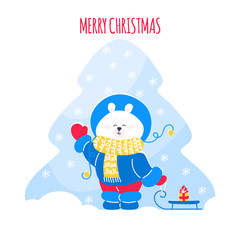 Vector Christmas illustration with cute Polar Bear with gift on the sleigh. Merry Christmas card.