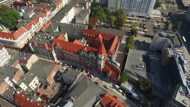 Panoramic aerial view of the Gliwice - in Silesia region of Poland - city center with renovated gothic historic buildings in the old town quarter