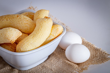 Brazilian homemade cheese bread, AKA 'chipa' isolated in white background.