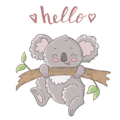 Cute cartoon koala card. Vector print.