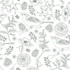 Fototapeta premium Elegant hand drawn Christmas seamless pattern with birds, holly berries, mistletoe, roses and pine cones. Winter vintage engraving design. Vector illustration background.