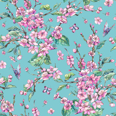 Watercolor spring vintage floral seamless pattern with pink blooming branches of cherry peach, pear, sakura