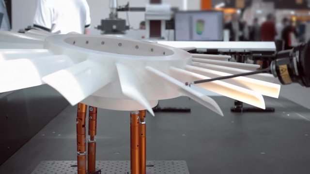 The probe of the coordinate measuring machine (CMM) touch to the detail ( impeller ) under researching and introduces data to the computer. Shot in motion