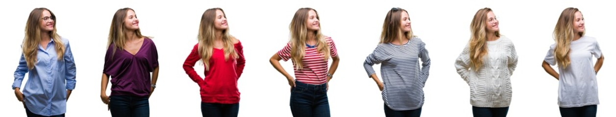 Collage of young beautiful blonde woman over isolated background looking away to side with smile on face, natural expression. Laughing confident.