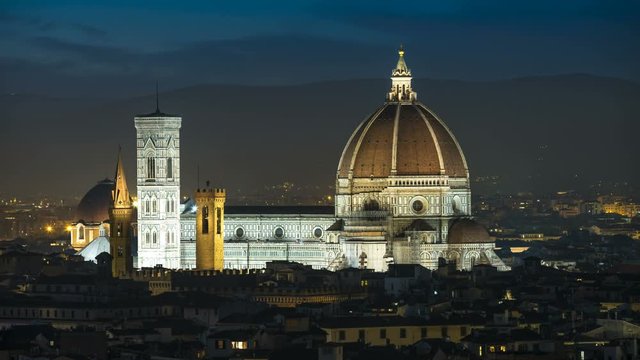 Cathedral di Santa Maria del Fiore Florence Italy at night view from Piazzale Michelangelo, Timelapse Video. Duomo Firence.