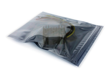 ESD bag with a product on white, an antistatic plastic bag used for electronic devices professional packing - obrazy, fototapety, plakaty