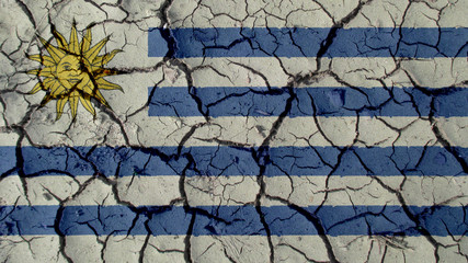 Political Crisis Or Environmental Concept: Mud Cracks With Uruguay Flag