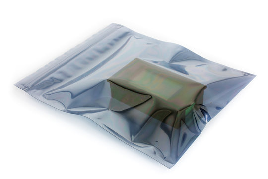 ESD bag with a product on white, an antistatic plastic bag used for electronic devices professional packing