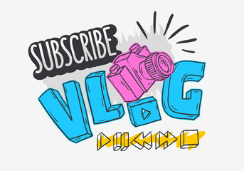 Vlog Video Blog Social Media Cartoon Style Design Subscribe My Blog Call To Action Vector Graphic