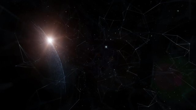 Universe with futuristic sphere and sun motion background. 