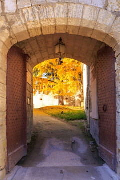 porte ancienne avec arbre au couleur de l'automne