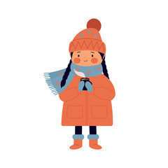 Cute girl in a hat, coat, mittens holding a mug of coffee. Baby in winter is drinking hot coffee, tea. 