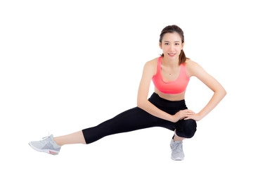 Beautiful portrait young asian woman stretching exercise isolated on white background, fitness sport girl aerobic with smile happy, female workout, health concept.