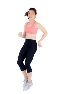 Beautiful portrait young asian woman running fitness sport, girl jogging with smile happy isolated on white background, female exercise for weight loss, health concept.