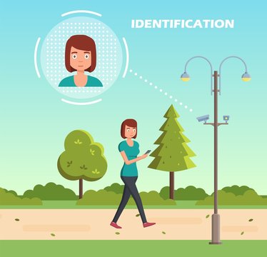 Face recognition concept. People walking street scanning by facial recognition camera. Person identification hardware. Vector illustration.
