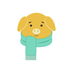 Obraz premium Funny little piggy in a scarf. Pig's head in cartoon style. 