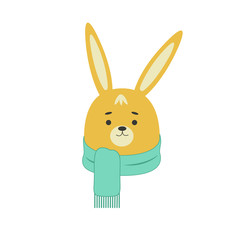 Funny little rabbit in a scarf. The head of a hare in cartoon style.