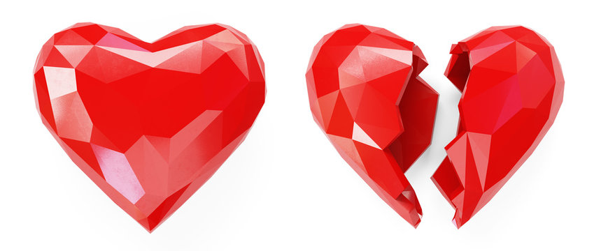 Red hearts isolated on a white background. Heart is broken into two halves. 3d illustration