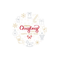 Merry Christmas and Happy New Year greeting card with festive decorations.