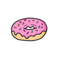 Cute pink donut drawing. Junk food. Vector isolated. Illustration