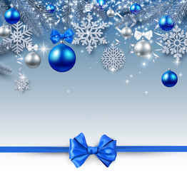 Christmas and New Year background with silver Christmas balls, snowflakes and satin bow.