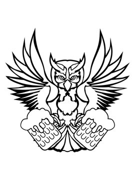 saufen bier trinken durst oktoberfest party feiern alkohol betrunken farbig kontur eule tattoo uhu fliegen vogel cool design federn raubvogel nacht sch&ouml;n clipart logo