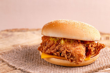 Delicious hamburger or burger on burlap napkin
