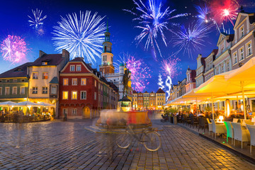 Fototapeta premium Firework display over the Main Square in Poznan, Poland.