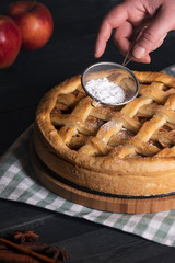 Hands decorating apple pie with powdered sugar. Homemade dessert. Baked pastry item