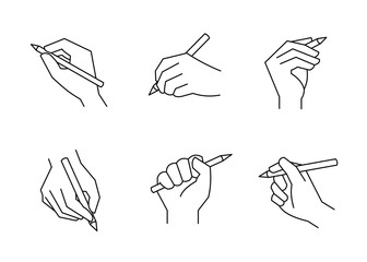Hand holding pencil icon. Vector editable line.