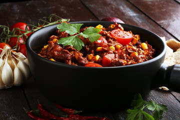 Hot chili con carne. mexican food tasty and spicy.