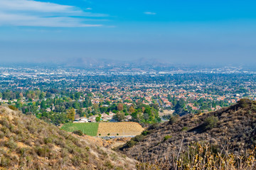 Fototapeta na wymiar View of inland empire with smog or pollution from fires in the sky