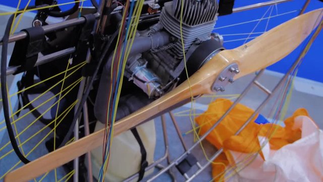 The structure of the motorized paraglider close-up. Shot in motion