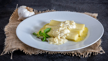 Italian caneloni with bechamel sauce and cheese on rustic background.