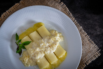 Italian caneloni with bechamel sauce and cheese on rustic background.